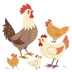 Charming illustration of a rooster with hens and chicks in a playful cartoon style