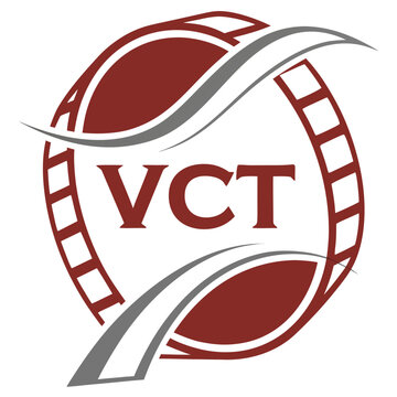 Circular logo with vct text and film reel design elements in maroon and gray