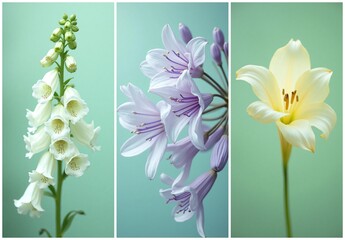 Naklejka premium A triptych of three distinct, delicate flowers: white bell-shaped blooms, soft purple clusters, and a pale yellow lily on serene green.