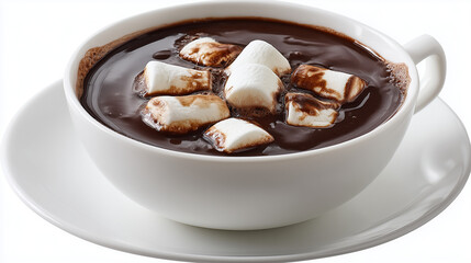 Fototapeta premium Hot chocolate in ceramic cup with marshmallows on top, isolated on white background, cozy winter breakfast