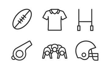 American football icons: ball, jersey, goalposts, whistle, huddle, helmet