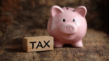 Vintage Piggy Bank with Tax Concept, Handcrafted Wooden Design Perfect for Financial Campaigns, Inspiring Sense of Responsibility and Savings.