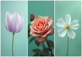 Fototapeta premium A triptych features three delicate flowers: a lavender tulip, a peach rose, and a white cosmos, each against a soft teal backdrop.