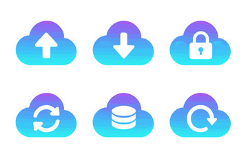 Cloud storage symbols: upload, download, security, and data synchronization icons