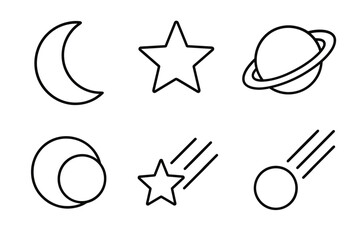 Outline icons: moon, star, planet, eclipse, shooting star, comet - celestial symbols