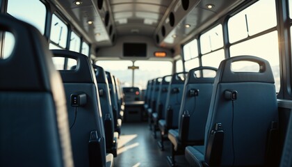 Obraz premium Empty modern bus interior with dark-grey seats and passenger devices in sunlight 