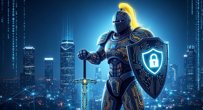 Cyber Security Knight with Sword and Shield in Futuristic Cityscape