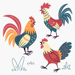 Three colorful cartoon roosters with vibrant tails stand on a white background with simple grass illustrations