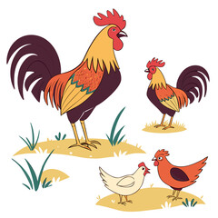 Three colorful cartoon roosters and two chickens standing on grassy patches against a white background
