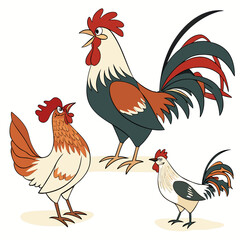 Three cartoon roosters with colorful plumage standing and crowing on a white background