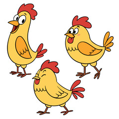 Three cheerful cartoon chickens with red combs and orange tails standing and walking on white background