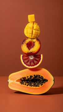 Creative stack of tropical fruits papaya, blood orange, peach and mango cubes against warm background, colorful healthy food composition for modern nutrition and diet concept