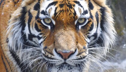 Obraz premium Tiger headshot, intense gaze, powerful features, snow on fur
