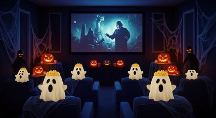 Halloween movie night setup with glowing ghosts and carved pumpkins at home
