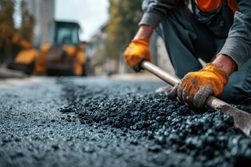 Fototapeta premium Man using shovel to spread asphalt on road, construction vehicle behind. It shows labor, roadworks, and infrastructure for construction projects.