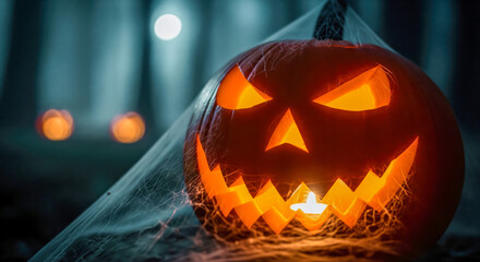 Scary glowing jack o lantern pumpkin with candlelight in dark spooky forest, Halloween night atmosphere with cobwebs and mysterious fog background, perfect for seasonal celebration visuals