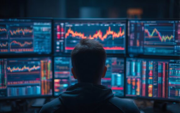 Engaged person observing multiple monitors while monitoring digital screens with graphs and data trends