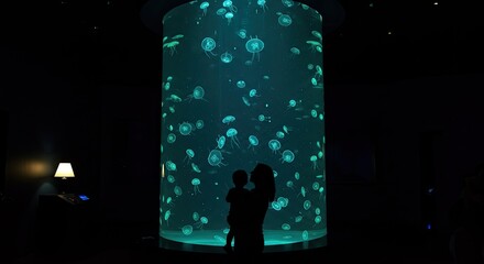Silhouette of a mother and child in front of a large jellyfish tank