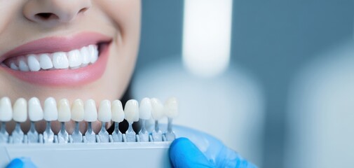 The dental shade guide being matched to a patient's smile in clinic