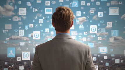 A Businessman Ponders His Social Media Strategy, Conceptual Rear View, Modern Workplace Environment.