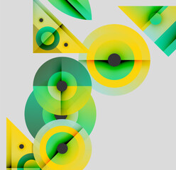 Obraz premium Abstract geometric composition. Overlapping circles, triangles create dynamic visual effect. Green, yellow hues dominate neutral background.