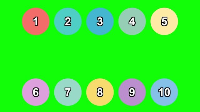 children font with numbers in different color circle from 1 to 10., Colorful vector illustration on green background 4k Video