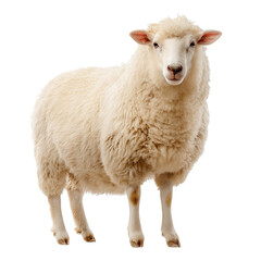 A captivating close-up of a single, pristine white sheep standing proudly against a neutral background.