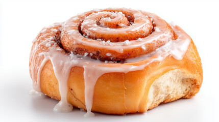 Fototapeta premium Cinnamon roll with sugar glaze dripping, isolated on white background, high resolution close-up