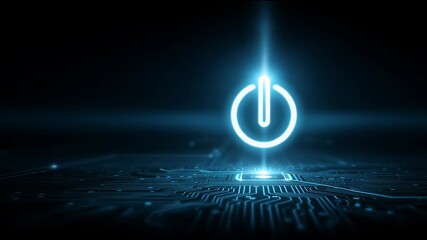 Glowing power button hovering over a futuristic circuit board in a dark room at night - Powered by Adobe