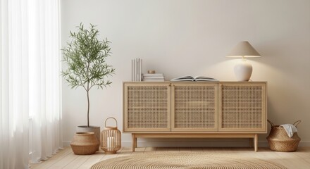 Serene Interior: Rattan Cabinet, Books, Lamp, and Plant in Neutral Tones