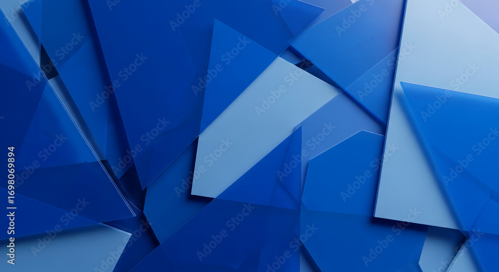 Poster abstract image of overlapping blue polygons creating a geometric pattern, showcasing a modern and sl