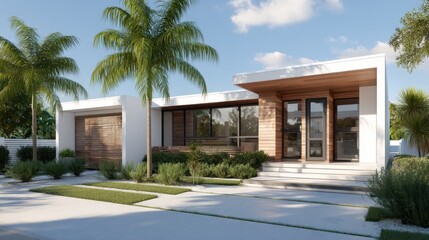 Fototapeta premium Modern single story home with white walls and wood detailing under a blue sky, designed for luxury living.