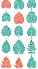 Obraz premium Collection of Stylized Coral and Teal Leaves with Vein Patterns.
