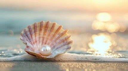 Seashell with a single pearl resting on wet sand at the beach, with ocean waves and a sunset or sunrise in the background.