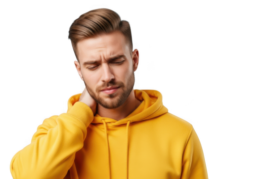 Stressed man in yellow hoodie with neck pain, muscle tension, headache, and discomfort isolated on transparent background