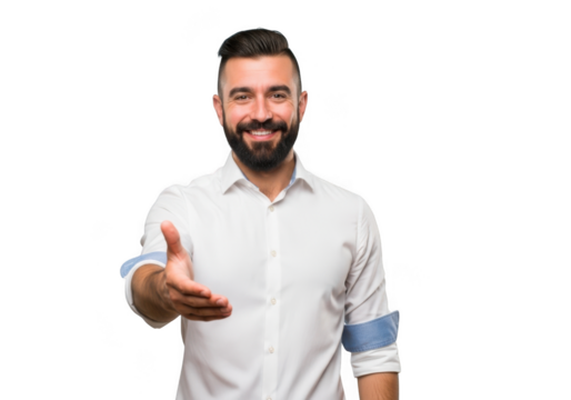 Smiling businessman extending hand for handshake, welcoming gesture, man in white shirt, portrait, isolated on transparent background