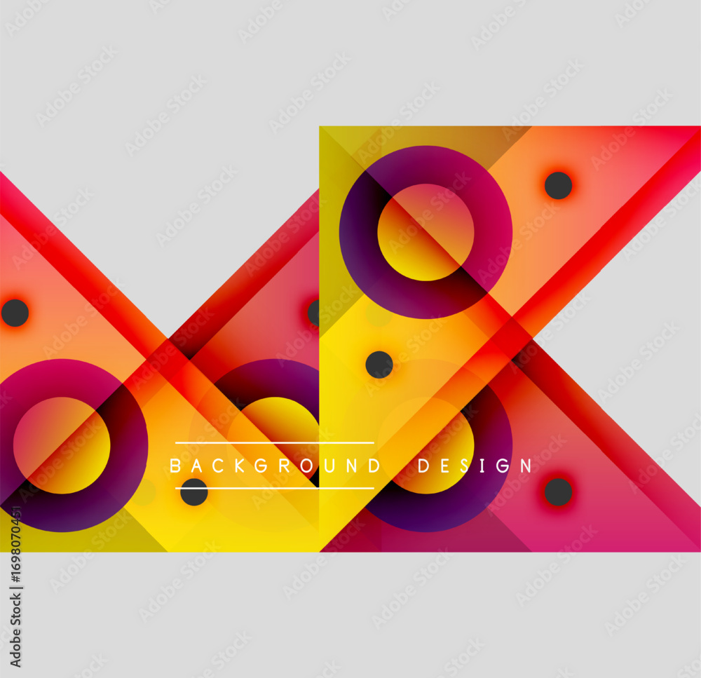 Poster abstract geometric design. vibrant colors overlap, creating dynamic visual effect. circles, squares,