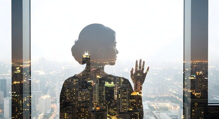 Silhouette of woman with city overlay looking out window with hand on glass at urban skyline