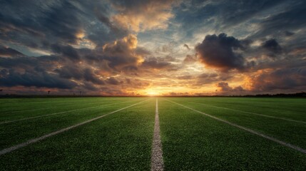 Green athletic field with marked lines stretching into the horizon under a dramatic evening sky with a vibrant sunset.