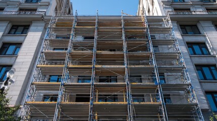 Stunning Scaffolding Against a Clock Tower Backdrop Ideal for Construction Building Projects, Inspiring Determination and Progress.