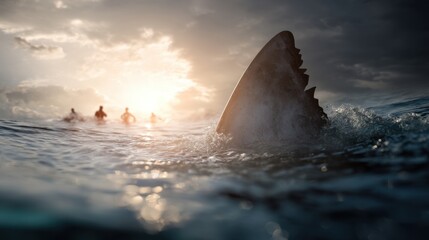Fototapeta premium Large shark fin in water with silhouette of swimmers at sunset. Concept of danger and threat near people swimming in ocean.
