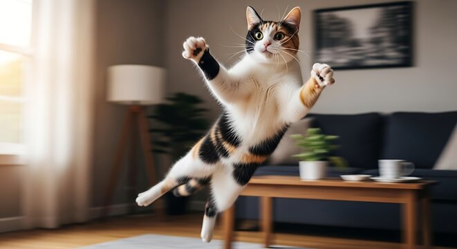 Playful Cat in Mid-Air Pose.