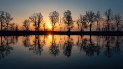 Fototapeta premium Winter bare trees silhouettes reflection in water with sunset sky creating a serene nature scene for travel.