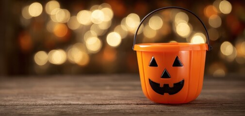 The Pumpkin Bucket on Rustic Wooden Surface with Festive Bokeh Lights