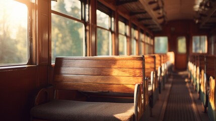 Sunlight beams illuminate empty wooden seats inside a vintage train car, evoking nostalgic journey and travel.