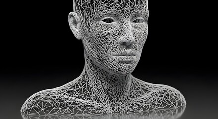 Wireframe human bust with geometric mesh structure in grayscale against a dark background