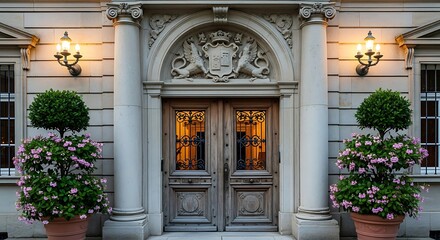Ornate building facade featuring sculptured stone columns and wooden doors with sconces.