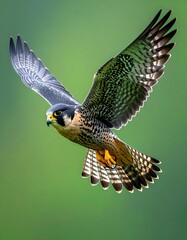 Halc&oacute;n de Eleonor (Falco eleonorae) en pleno vuelo, alas extendidas, mostrando el detalle del plumaje y su silueta aerodin&aacute;mica. Fondo completamente verde chroma key uniforme, sin sombras ni elementos