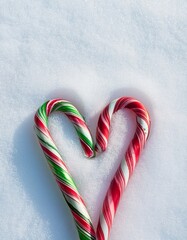 Christmas concept. Top view of red and green candy canes in shape of heart on snow background with copy space. Generated image
