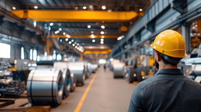 Man in hard hat looking at steel rolls in metal production factory. Manufacturing and industrial business concept.